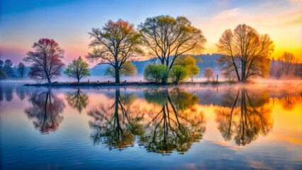 Obraz premium Serene dawn breaks over tranquil lake waters, reflected trees stand tall amidst misty veil, vibrant hues herald early spring awakening.