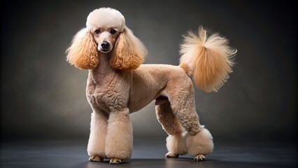 Full-body portrait of a poodle standing elegantly