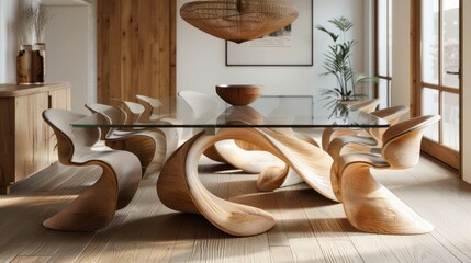 Modern Dining Room with Unique Wooden Table and Chairs