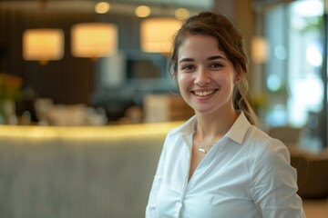 Naklejka premium happy female hotel receptionist standing at hotel