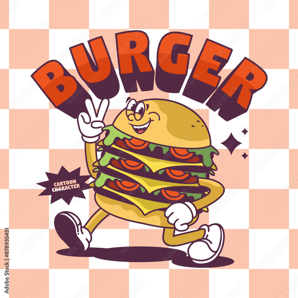 Wall mural funny cartoon character of burger. can be used as sticker, posters, prints. retro cartoon style.