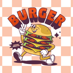 Funny cartoon character of burger. Can be used as Sticker, posters, prints. Retro cartoon style.