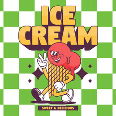 Funny cartoon character of ice cream. Can be used as Sticker, posters, prints. Retro cartoon style. Vector illustration