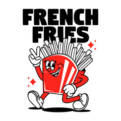 Funny cartoon character of frenc fries. Can be used as Sticker, posters, prints. Retro cartoon style. Vector illustration