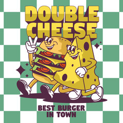 Funny cartoon character of burger. Can be used as Sticker, posters, prints. Retro cartoon style.