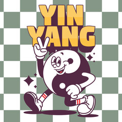 Funny cartoon character of yin yang. Can be used as Sticker, posters, prints. Retro cartoon style. Vector illustration