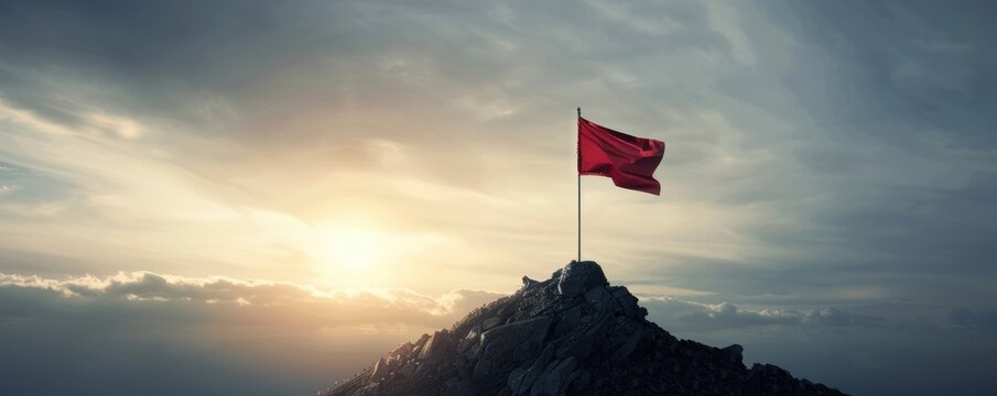 Red flag on a mountain peak during sunrise, symbolizing victory, achievement, and exploration against a picturesque sky backdrop.