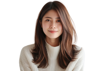 Portrait of a beautiful Japanese woman smiling with long brunette hair, isolated on transparent background