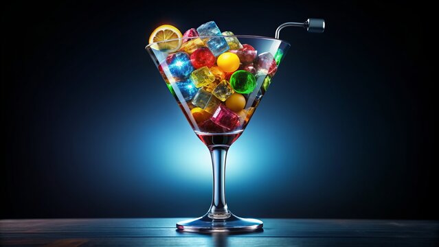 Sleek, modern cocktail glass shaped like a phone, overflowing with colorful drinks, symbolizing mindless indulgence in virtual connections.