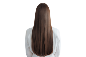 Woman with straight long brown hair from back view, Hair styling, isolated on transparent background