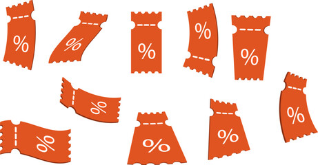 Flying orange coupons, vouchers, exchange. Discount, profitable purchases. 3d coupons. 3d vouchers. Vector illustration. For discounts, marketing and promotion