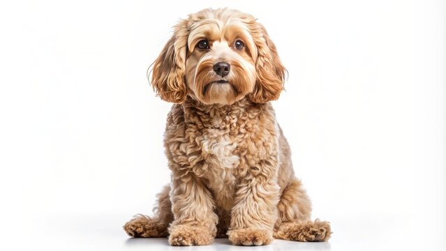 Full-body portrait of a cockapoo dog with a curly coat sitting