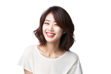 Portrait of a smiling Korean woman with happy expression, studio photo, isolated on transparent background