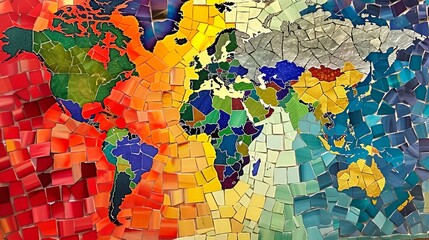 Fototapeta premium A detailed world map made of colorful mosaic tiles, showing every continent and country in vibrant hues