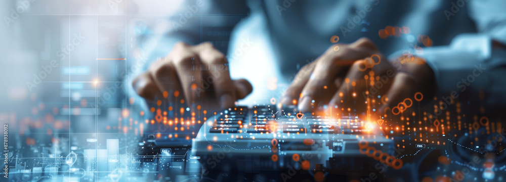 Poster businessman using calculator for online trading stock market financial data with business graph holo