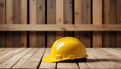 Labor day, a beautiful yellow construction hard hat resting on a wooden surface background