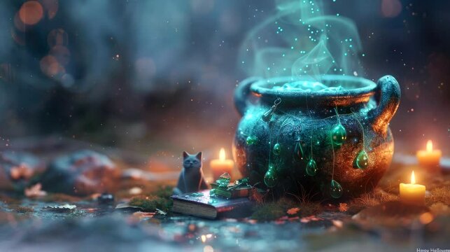 Halloween a witch's cauldron bubbling with a mysterious green potion. Seamless looping time-lapse virtual 4k video animation background