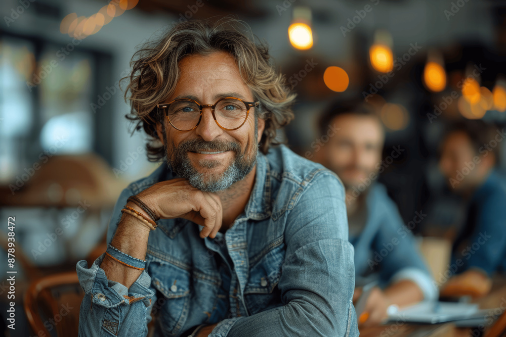 Poster smiling businessman at office table with team working in background