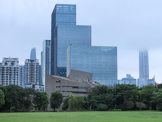 City park lawn and city architecture views