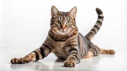 Naklejka premium Full-body portrait of a tabby cat stretching on a white backdrop