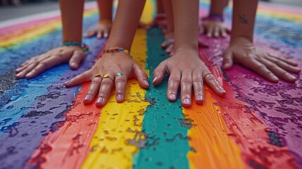 Hands covered in colorful powder touching together. Concept of unity and creativity. Diverse people putting hands together at colorful colored powder.Design for poster, banner, print. Close up. AIG53F