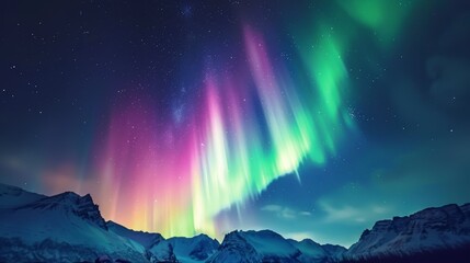Green and purple auroras dance in the night sky over snow-capped mountains