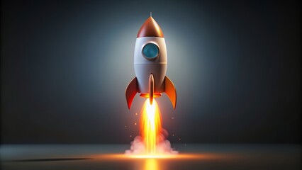 Glowing 3D rocket icon soars into a soft space grey background, radiating success, dynamism, and an unstoppable upward trajectory.