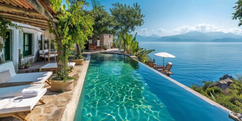Fototapeta premium Luxurious Villa with Infinity Pool Overlooking the Ocean, Capturing Abstract Wealth Concept. Stunning Wallpaper Ideal for Summer Vacation, Retirement, Leisure, and Holiday Bestsellers. Abstract Paradi