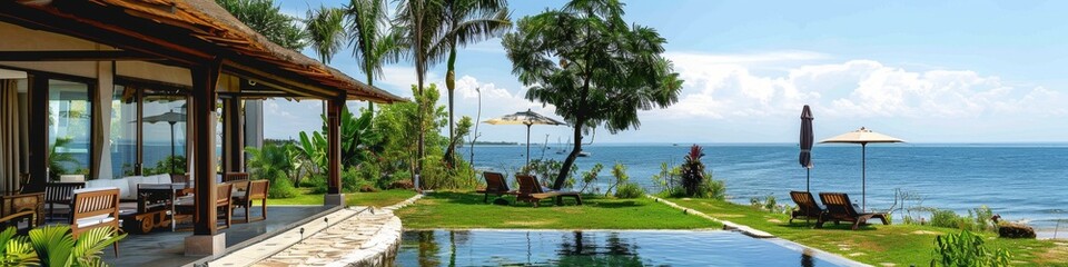 Luxurious Villa with Infinity Pool Overlooking the Ocean, Capturing Abstract Wealth Concept. Stunning Wallpaper Ideal for Summer Vacation, Retirement, Leisure, and Holiday Bestsellers. Abstract Paradi