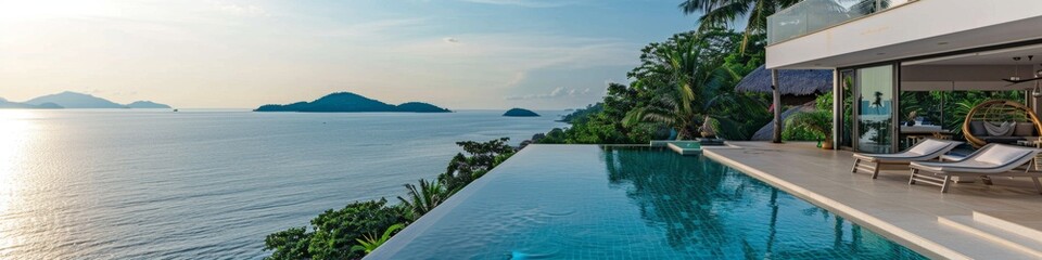 Fototapeta premium Luxurious Villa with Infinity Pool Overlooking the Ocean, Capturing Abstract Wealth Concept. Stunning Wallpaper Ideal for Summer Vacation, Retirement, Leisure, and Holiday Bestsellers. Abstract Paradi