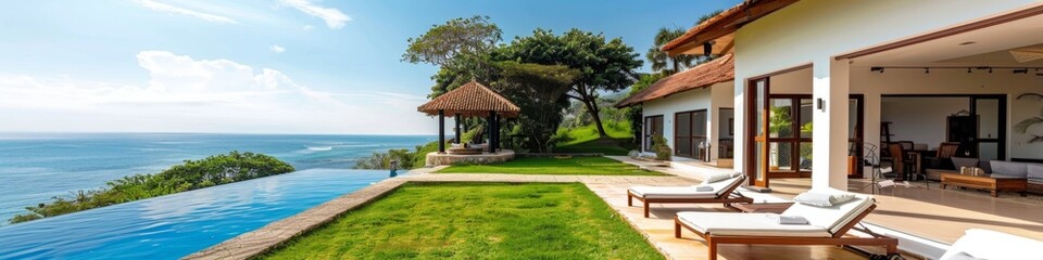 Fototapeta premium Luxurious Villa with Infinity Pool Overlooking the Ocean, Capturing Abstract Wealth Concept. Stunning Wallpaper Ideal for Summer Vacation, Retirement, Leisure, and Holiday Bestsellers. Abstract Paradi