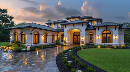 elegant modern luxury Spanish colonial home with white walls paver driveway and dramatic lighting front view beautiful landscape stone walkway at dusk