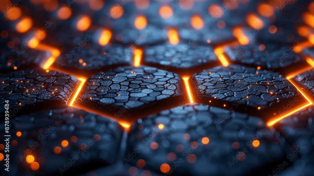 Poster 3d futuristic hexagonal grid with neon glow on dark blue carbon fibre texture high tech abstract bac