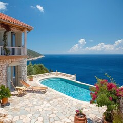 Fototapeta premium Luxurious Villa with Infinity Pool Overlooking the Ocean, Capturing Abstract Wealth Concept. Stunning Wallpaper Ideal for Summer Vacation, Retirement, Leisure, and Holiday Bestsellers. Abstract Paradi