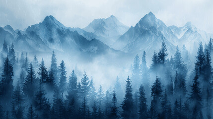 Misty Forest and Mountain Landscape in Wintertime Watercolor
