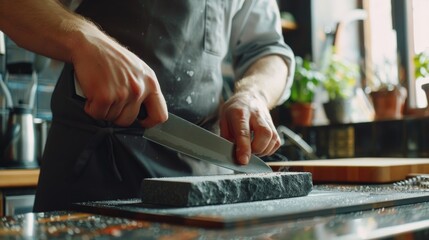 Chef sharpening knives on a stone in a well-equipped kitchen