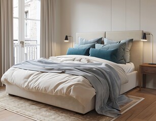 modern bedroom interior with bed, bedside table and lamp on the wall, cozy beige fabric headboard in large format, bluegreen pillows, light gray blanket, wooden floor, 