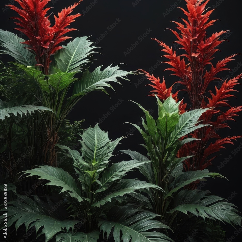 Poster tropical plant with red and green leaves on black background.