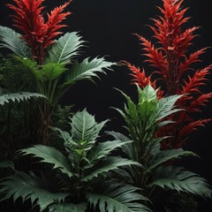 Tropical Plant with Red and Green Leaves on Black Background.