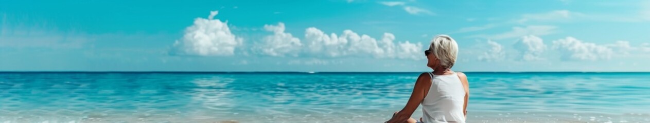 Obraz premium Abstract Wealth: Serene Mature Woman Enjoying Beach Vacation, Perfect AI-Generated High-Resolution Wallpaper for a Peaceful and Happy Retirement Lifestyle,Best candidate for tranquil wallpaper or illu