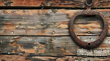Aged horseshoe on weathered wood backdrop