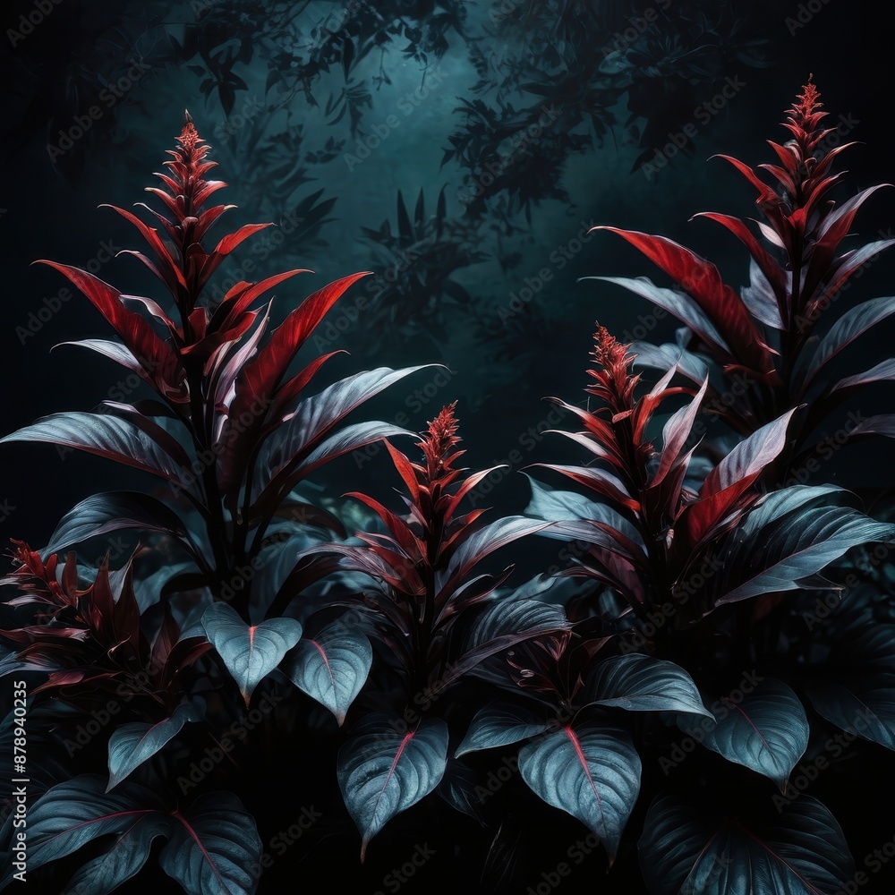 Poster dark tropical rainforest plants.