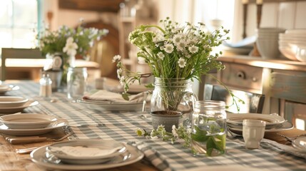 Fototapeta premium A farmhouse-style dining table decorated with a gingham tablecloth, mason jars filled with flowers, and rustic tableware.