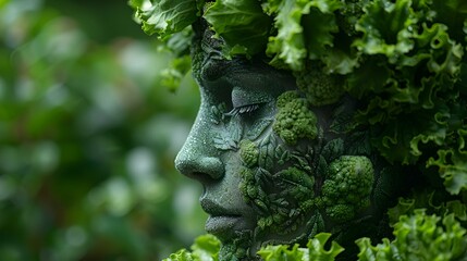 Fototapeta premium Green leaves covering a woman's face, blending nature and beauty seamlessly..