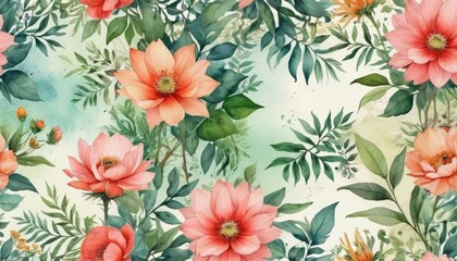 Watercolor Floral Seamless Pattern with Pink Flowers and Green Leaves.