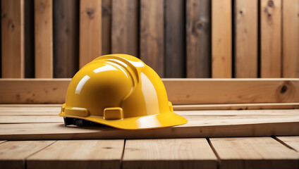 Labor day, a beautiful yellow construction hard hat resting on a wooden surface background
