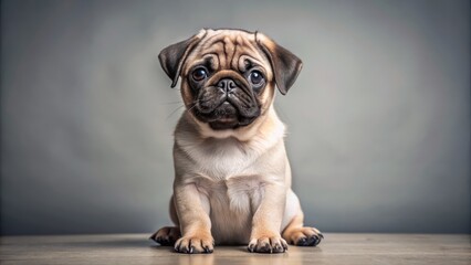 Full-body portrait of a pug puppy sitting with a playful expression