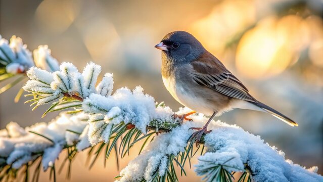 Winter wonderland scene features solitary dark-eyed junco perched on snow-covered evergreen branch, surrounded by frosty landscape, serene and still.
