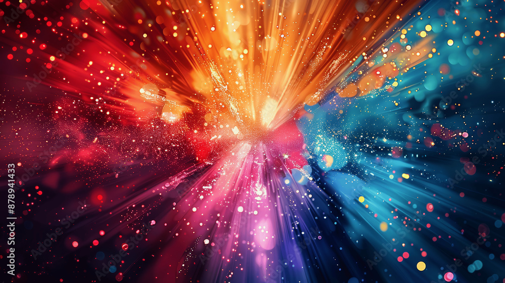 Poster vibrant abstract colorful explosion background with glitter and bokeh lights