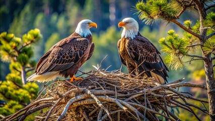 Majestic bald eagles perched on a tree branch, diligently rebuilding their intricately woven nest with twigs and feathers.